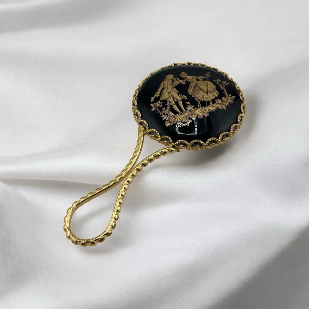 Mini Limoges France Colbalt Blue Hand Mirror Courting Couple Gilded Metal 4.75"